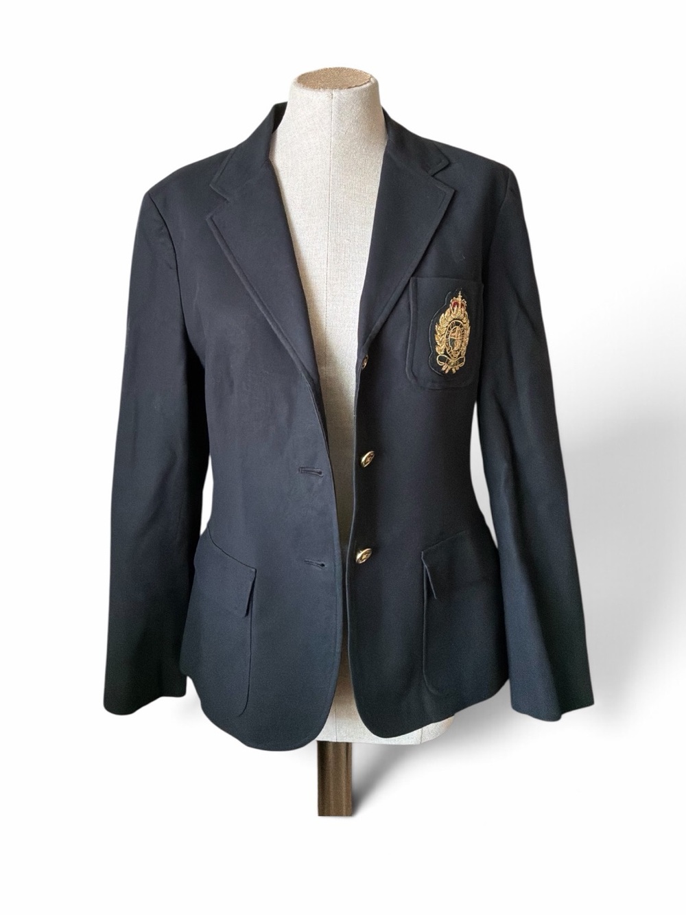 Lauren Ralph Lauren 3 Button Black Blazer with gold embroidered crest Size 12